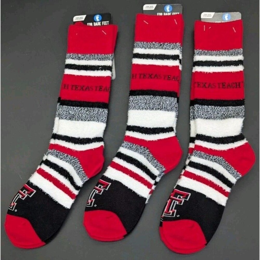 Texas Tech Red Raiders 3x Pairs of Crew Socks For Bare Feet One Size Fits Most